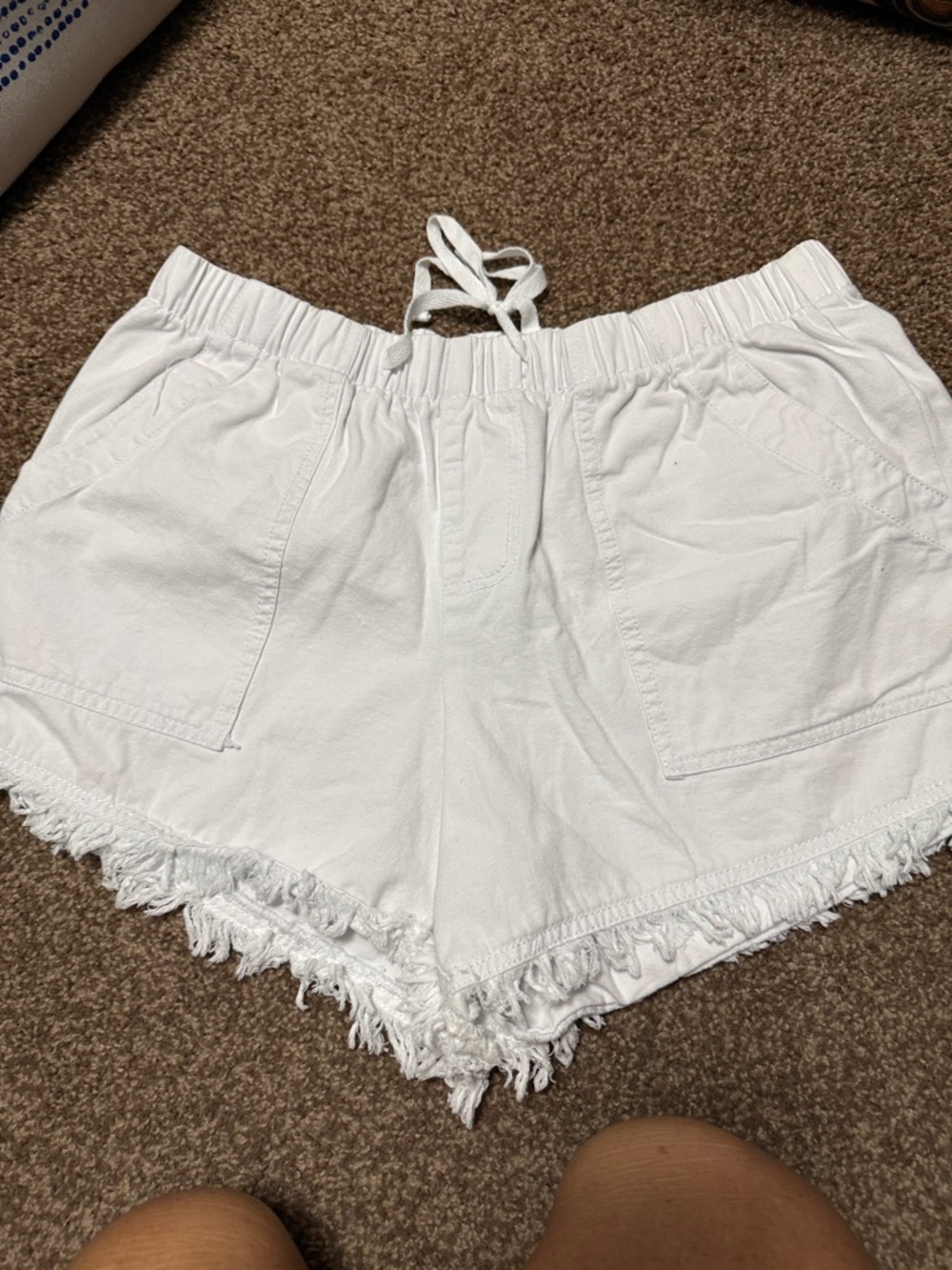 White Fringe Hem Women's Drawstring Shorts A-45